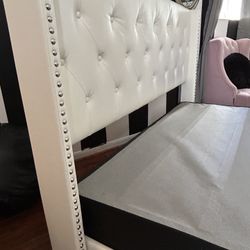 White Leather Queen Bed frame Silver Studs 