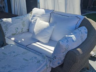 Outdoor Wicker Loveseat with Ottoman and Cushions