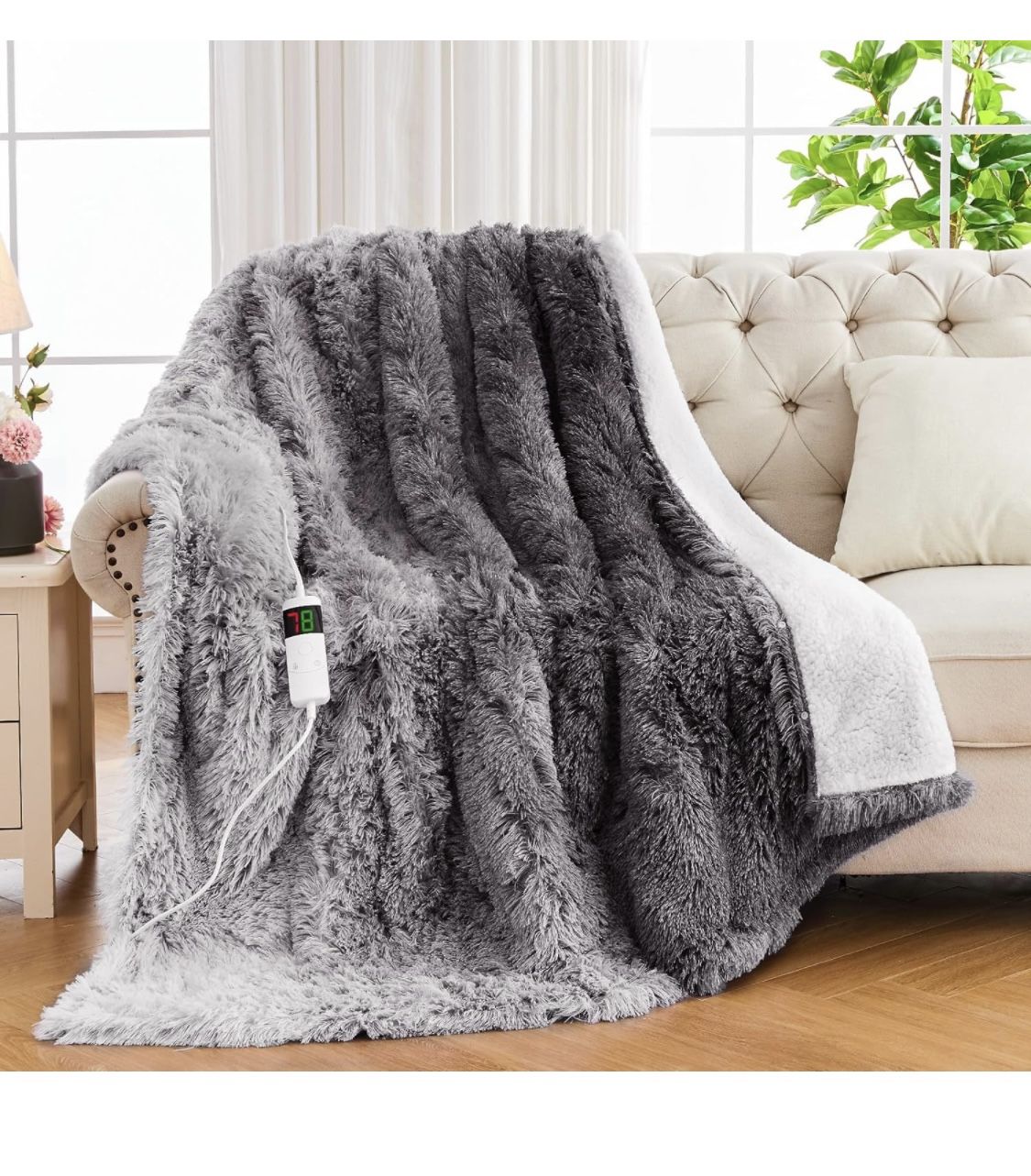 Electric Blanket with Faux Fur & Sherpa Fleece Heated Throw for Bed - Warming Plush Heating Blanket with 5 Options Auto Off & 10 Heating Levels - 50” 