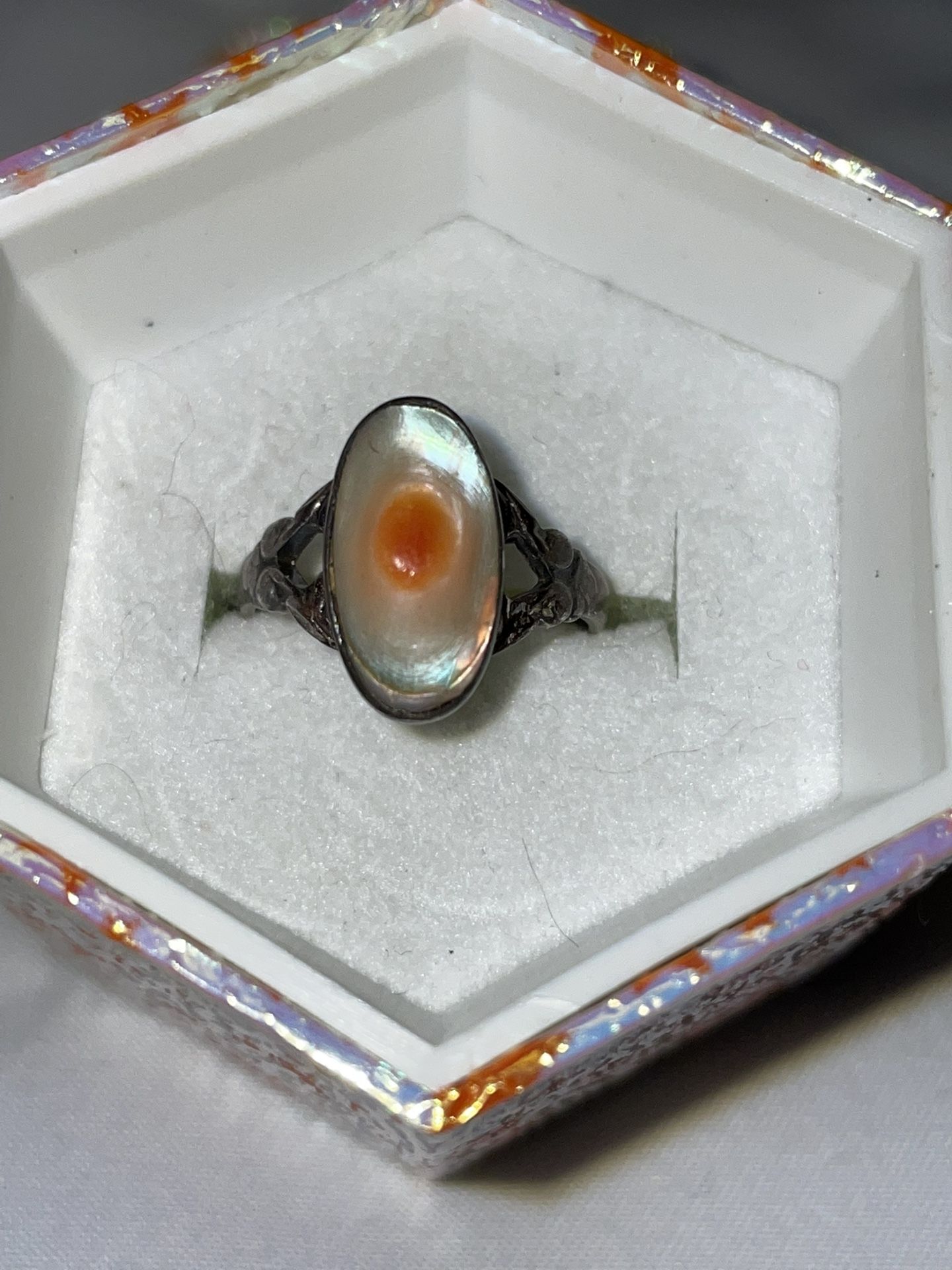 16+% PRICE REDUCTION!!! June Birthday Pearl Ring Holiday Antique Vintage silver with Orange  “blister pearl” baby ring