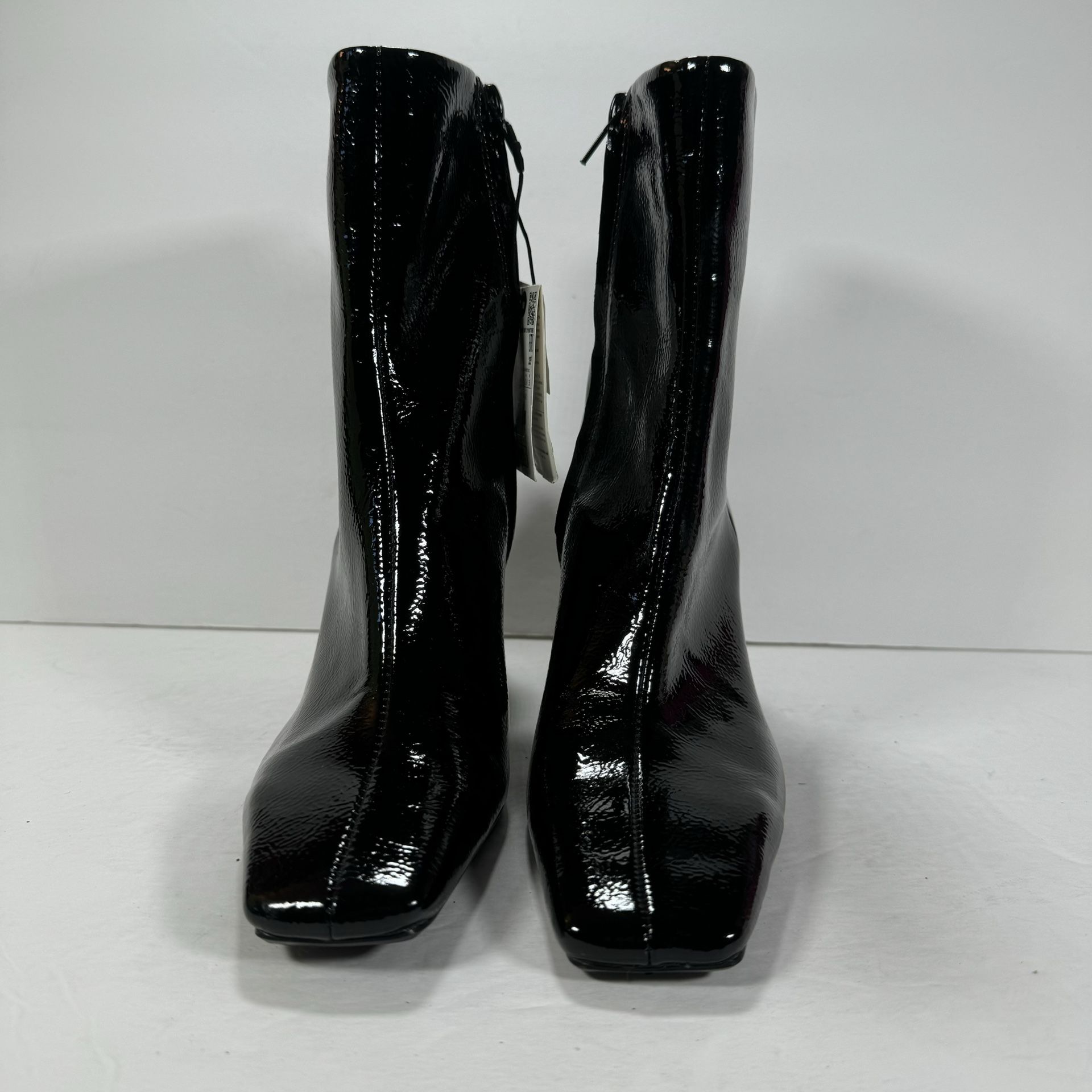 Zara Black Patent Vegan Leather Square Toe Heeled Boots Women's Size