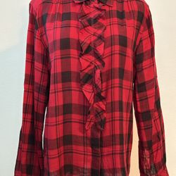 Gap Women’s Long Sleeve Button-Front Plaid Ruffled Shirt Red/Black Size (XL)