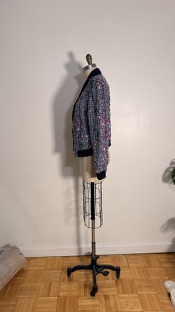 GUESS Sequin Tweed Bomber Jacket Iridescent Black Trim Zip Front Size M