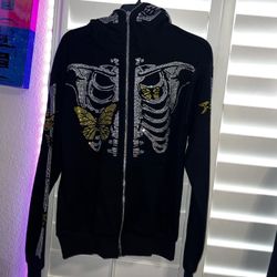 Full Zip Rhinestone Skeleton Hoodie size XS