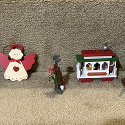 Wooden Vintage Lot of 5 Christmas ornaments Rocking Horse Golf Bag Elf Train car