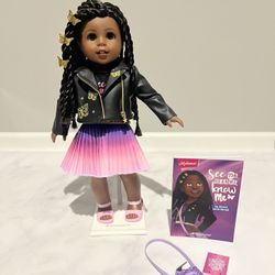 American Girl Makena Doll & Book (WITH Leather Jacket & Purse!) + Nicki Red/Black Vinyl Outfit Bundle
