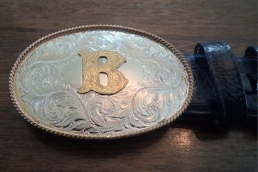 Montana Silversmiths Classic Western Oval Two-Tone Initial Belt Buckle - B - German Silver Ferrini Belt Black Cherry Ostrich Quill