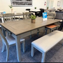 6pc Gray Dining Table + Bench Set - Free Delivery Promo 