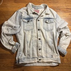 Denim Light Blue And White Distressed Buttoned Jacket