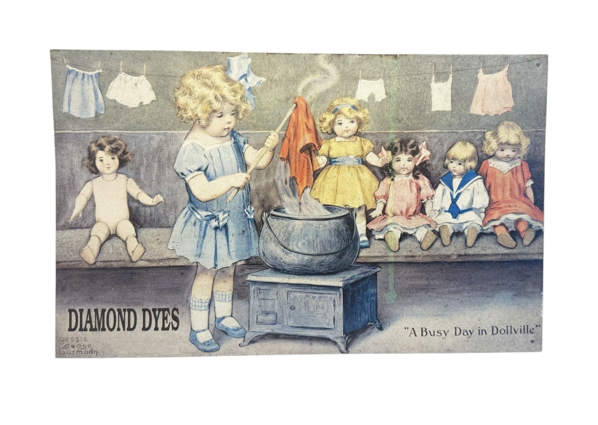 Vtg ‘94 Diamond Dyes A Busy Day In Dollville Metal Rectangular Laundry Ad Repro