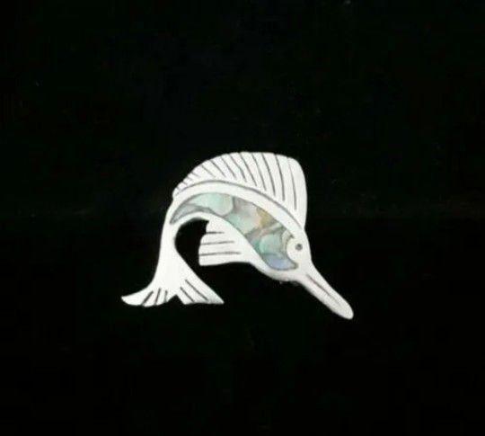 1.4" x 1.4" Solid Sterling Silver Abalone Inlay Sailfish Pin Brooch, Taxco 