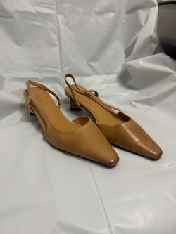 Women’s Tan Leather Slingback Pumps Square Toe Low Block Heel Size 245