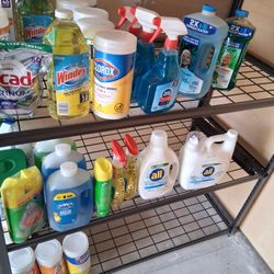 Cleaning supplies tide all detergents Windex, scrubbing bubbles, Clorox wipes, you name it is there.  40 items. Gallon, size bottles of detergent.