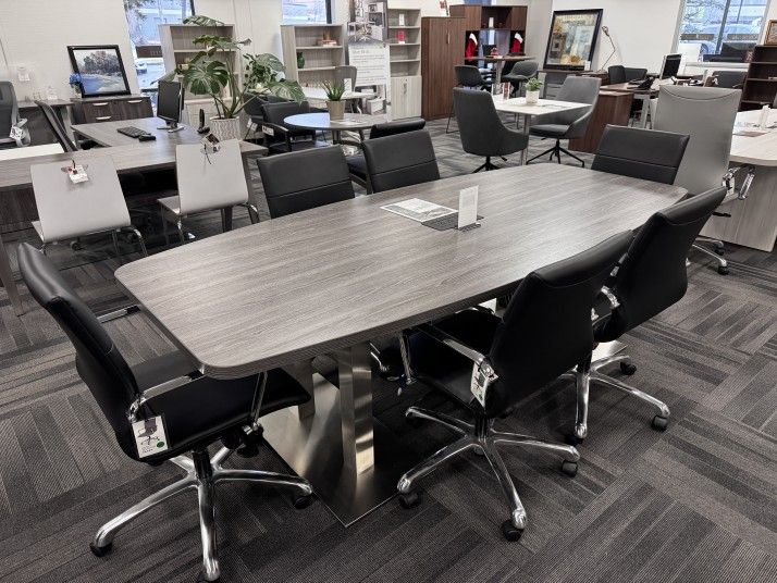 New - 8ft Boat Shaped Conference Table with Brushed Metal Base