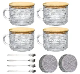 Vintage Coffee Mugs 4Pcs Set Clear Embossed Tea Cups with Bamboo Lids Spoon 14oz