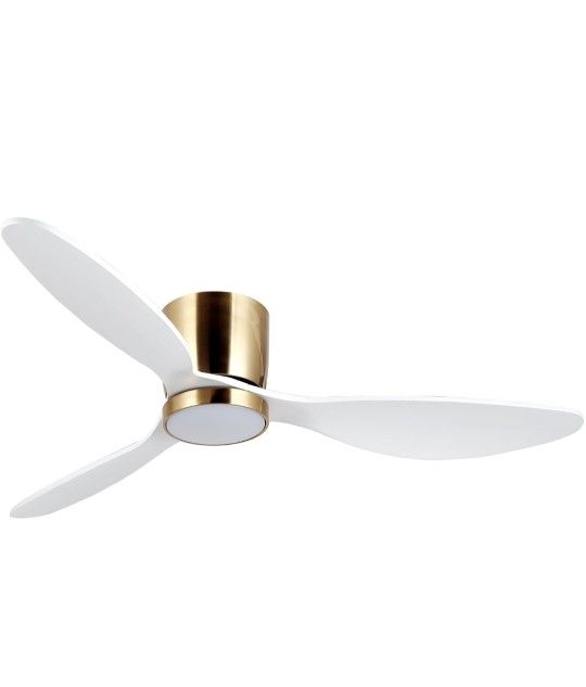 reiga 52 Inch Flush Mount White Ceiling Fan with Light Remote Control, Quiet DC Motor Low Profile 3 Wood Blade Modern Ceiling Fans for Patio Kitchen L