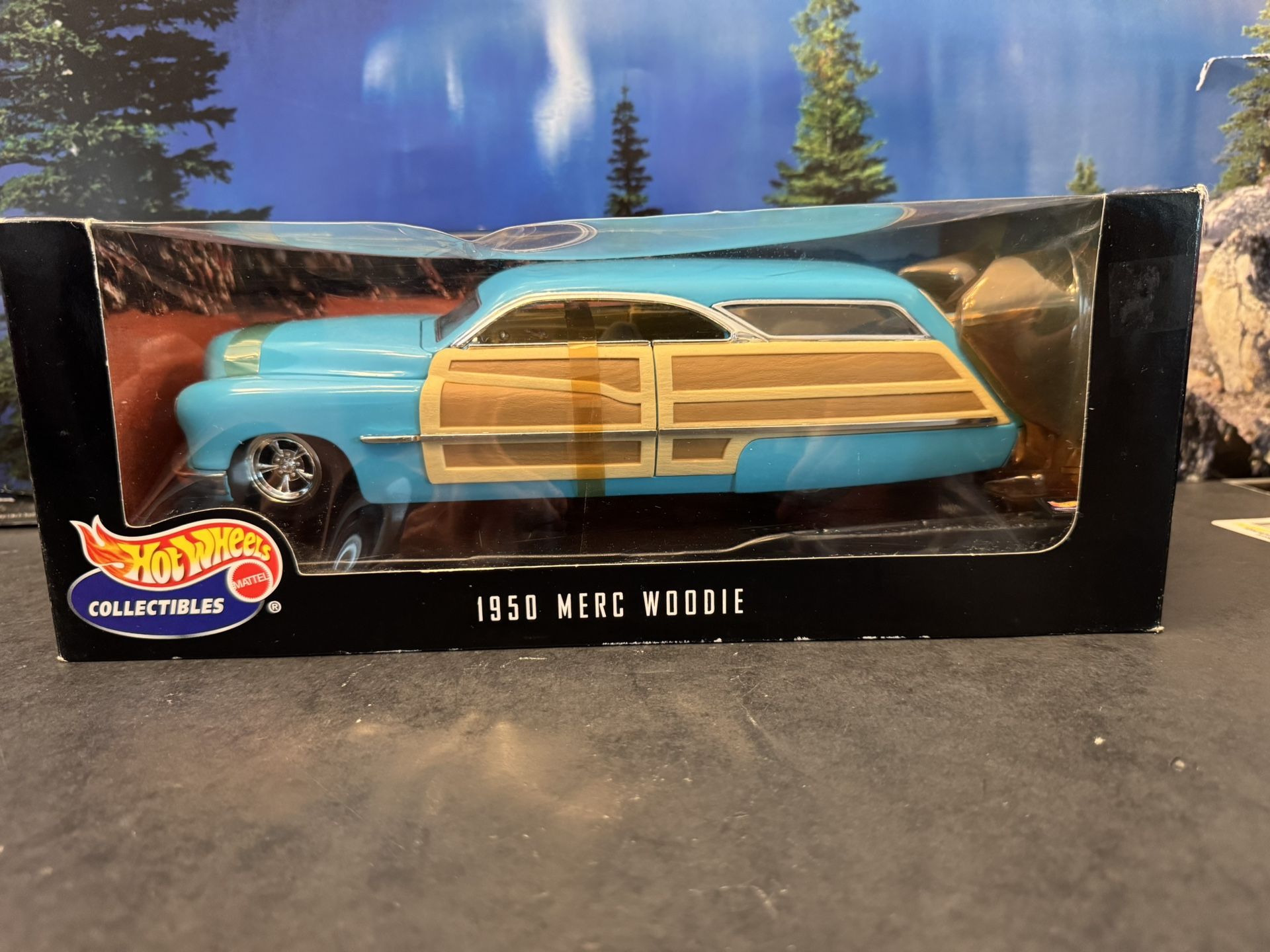 1:18 Scale Hotwheels 1950 Merc Woodie Diecast Collectible Car. With Surf Board. New Unopened.