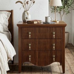 Avenall Nightstand With Charging Station, Vintage Bedside Table With 3 Fluted Drawers And Open Shelf, Rustic End Table With Power Outlet And Usb Ports
