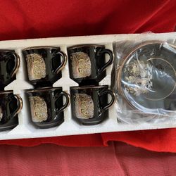 Handmade In Greece 24k Black & Gold Ceramic Cup & Saucer Set Imported From Greece