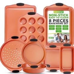 NutriChef 8 Piece Baking Pans Set - Nonstick Carbon Steel Bakeware Set w/ Silicone Heat-Safe Handles - Includes Loaf Pan, Muffin Pan, Cookie Sheets, P