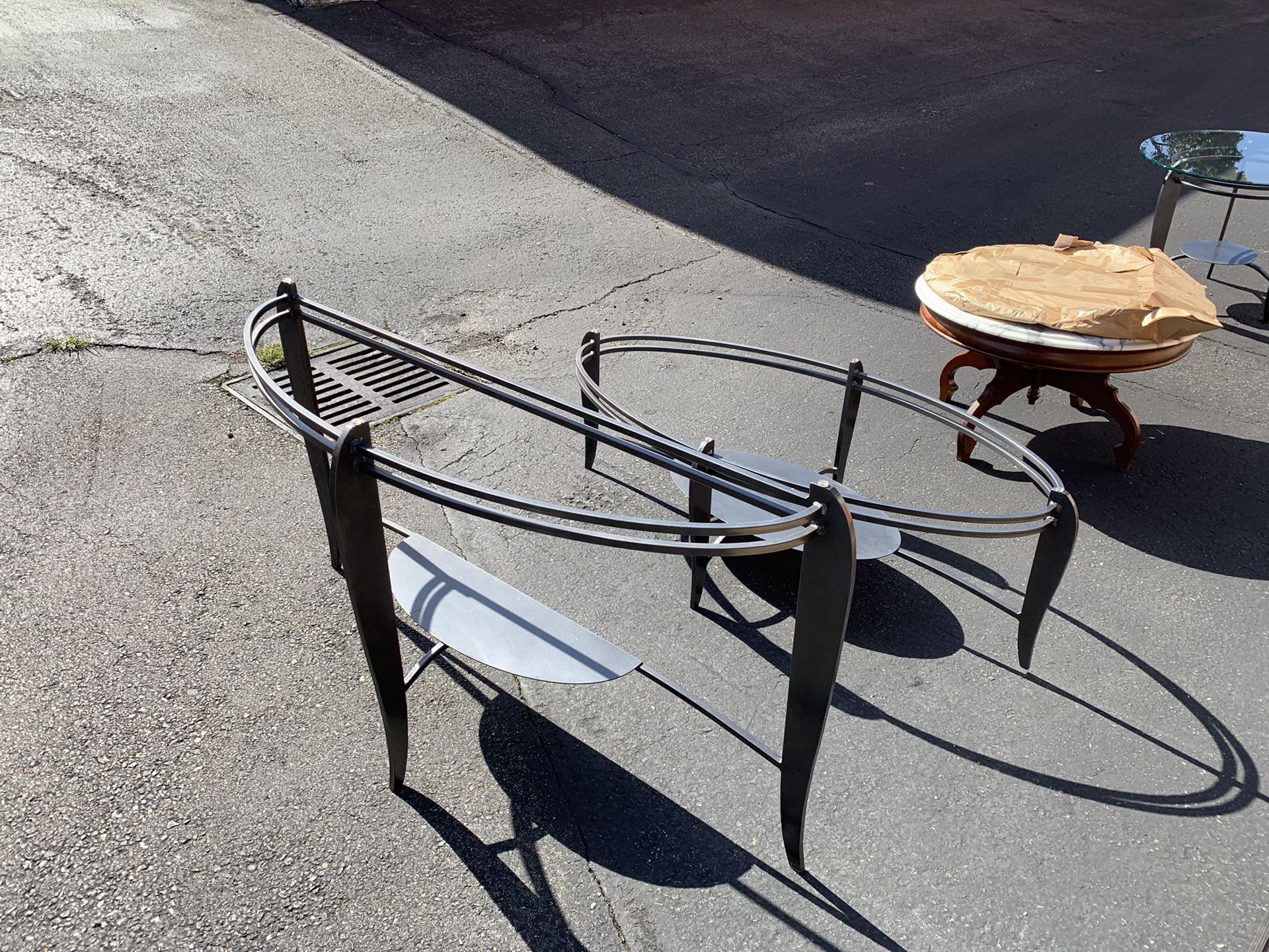 Glass top, metal table set, Coffee table, Credenza or hall (curbed) table and Round end table.