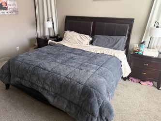 Dark Wood King Bed Frame with Upholstered Headboard with 2 box springs