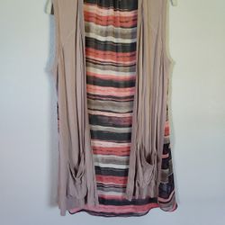 LOGO Lori Goldstein Topper Vest Open Front Pockets Taupe Beige Women's Small