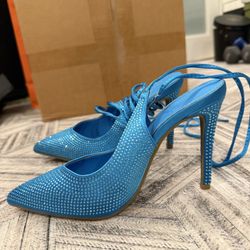 Blue Rhinestone Heels Size 8.5 – Pointed Toe Lace-Up Slingback Pumps