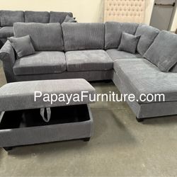 106”L Plush Sectional And Storage Ottoman, Sectional, Sofa, Grey Couch, Grey Sectional, Gray Sofa, Corduroy Sectional, Sectional With USB Port, Sofas