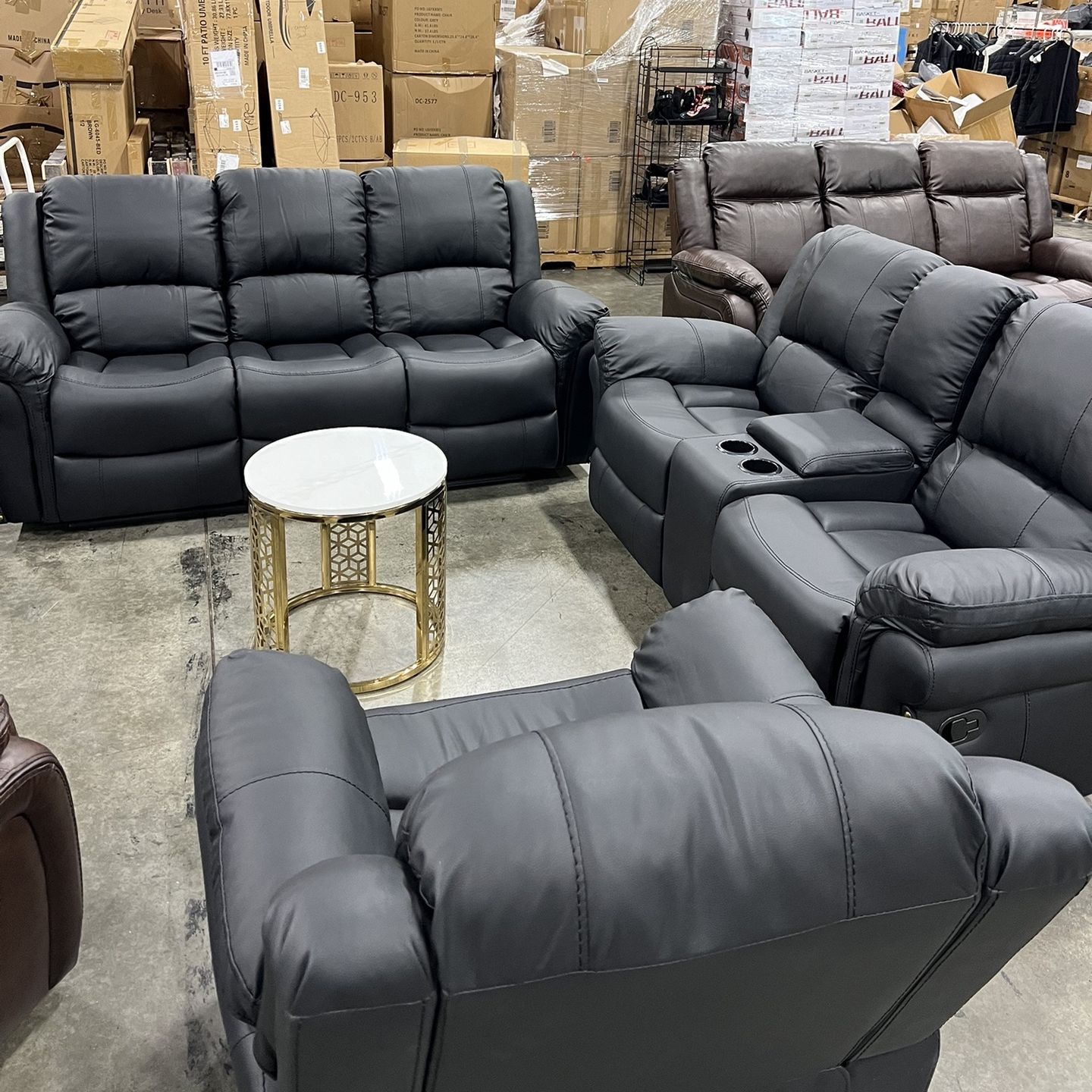 Black Leather Recliner 3 PCs Sofa Set 