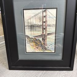 Watercolor and Etched Signed Artwork by Alec Stern GOLDEN GATE BRIDGE TOWER 