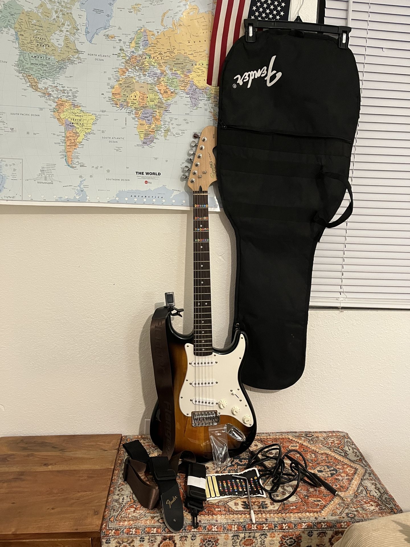 Fender Guitar/Bag/Tuner/Strap/Pick/Amp Cord/Tremolo Arm