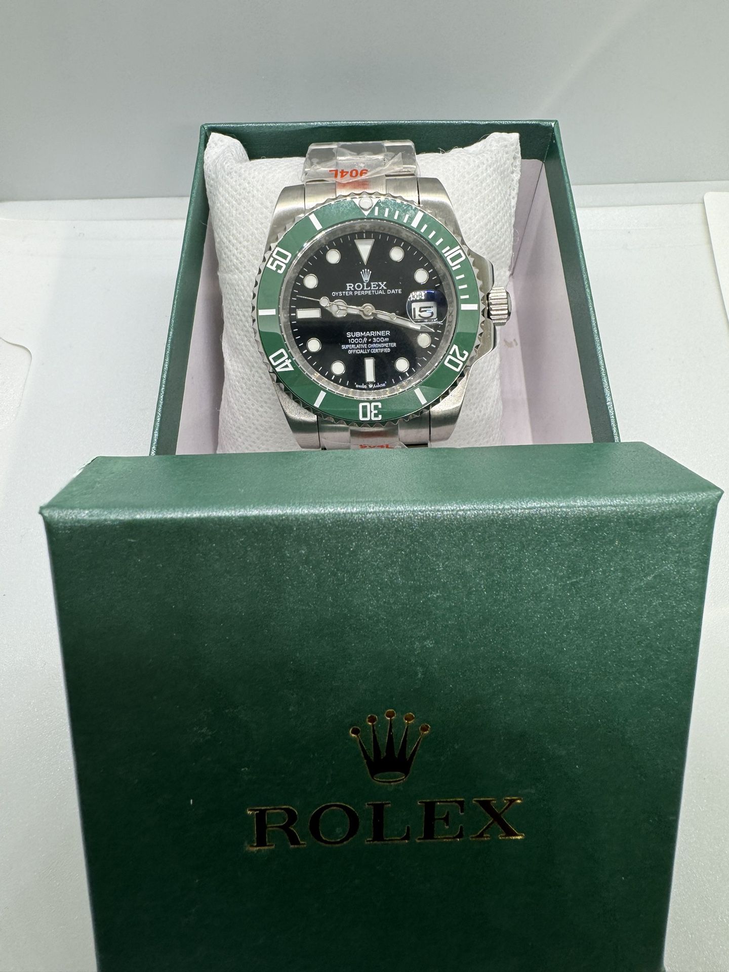 Brand New Automatic Movement Black Face / Green Bezel / Silver Band Designer Watch With Box!