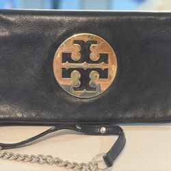Tory Burch black leather shoulder handbag with gold hardware 