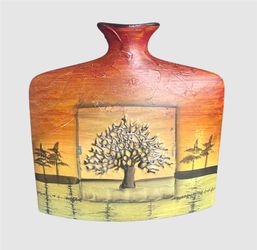 Tree Square Modern  Ceramic Red and Yellow Vase Square