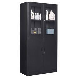 Black Metal Storage Cabinet with Glass Doors, 71" Locking Glass Door Cabinet with 2 Adjustable Shelves, Steel Storage Cabinet with 4 Doors 
