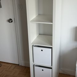 White IKEA KALLAX 1x4 Shelf Unit w/ Bins