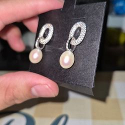 8-8.5mm Cultured Pearl and .90 ct. t.w. CZ Loop Drop Earrings in Sterling Silver