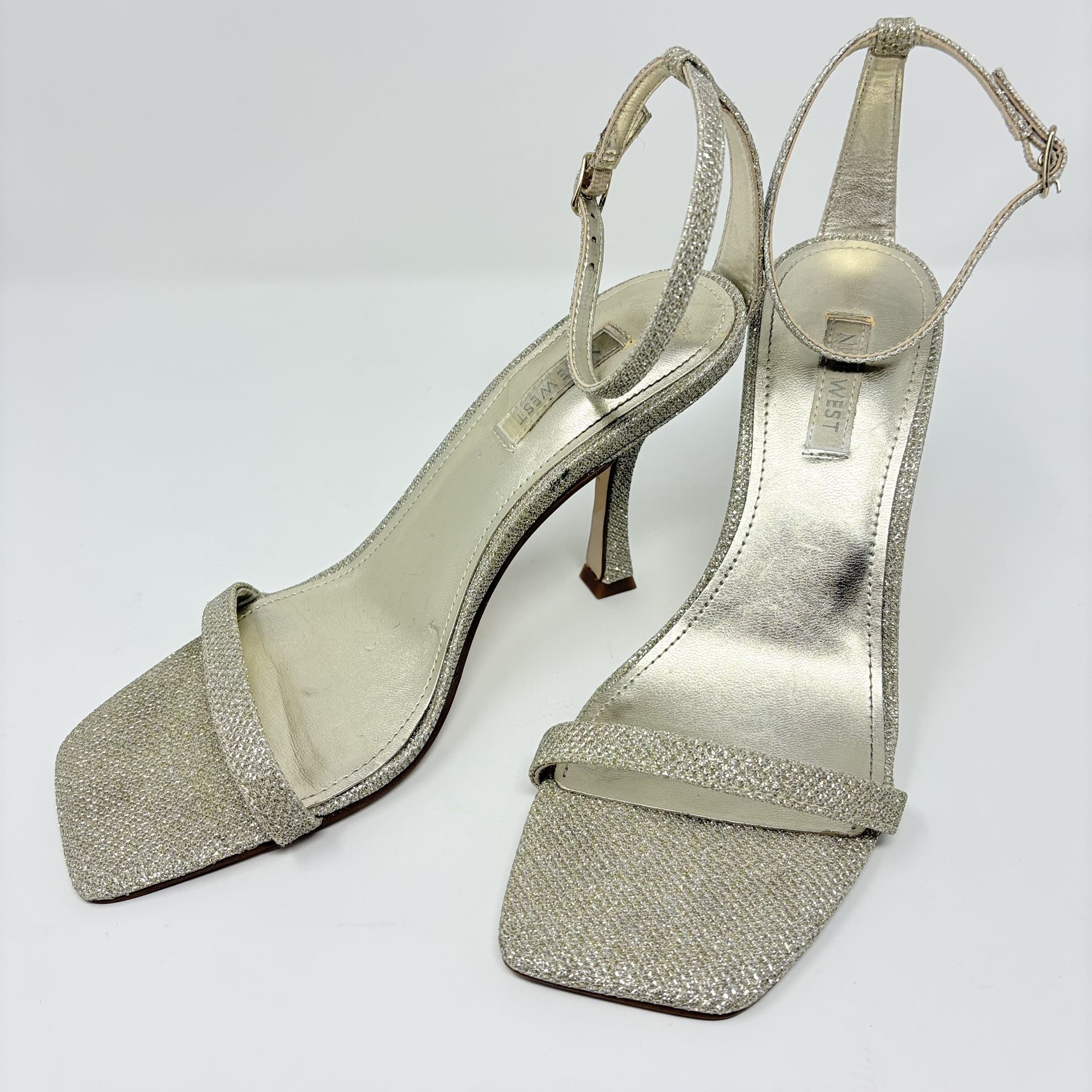 Nine West Shiny Ankle Strap Sandals Heels Silver Glitter Women’s Size 7.5 M