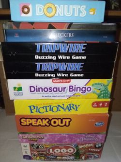 Mixed of of 9 Board Games and Activities Including Pictionary, Speak Out, Monopoly and TripWire