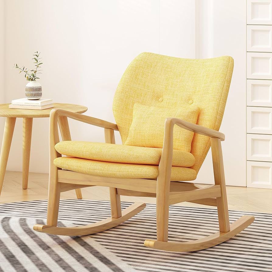 Elegant Solid Wood Rocking Chair with Yellow Linen Cushion