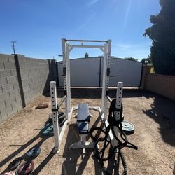 Solid Gym Set Sorinex Heavy Duty Squat Rack Cage With Rubber Plates And Iron Plates Bench And Rope Cost Over $4,000 New 