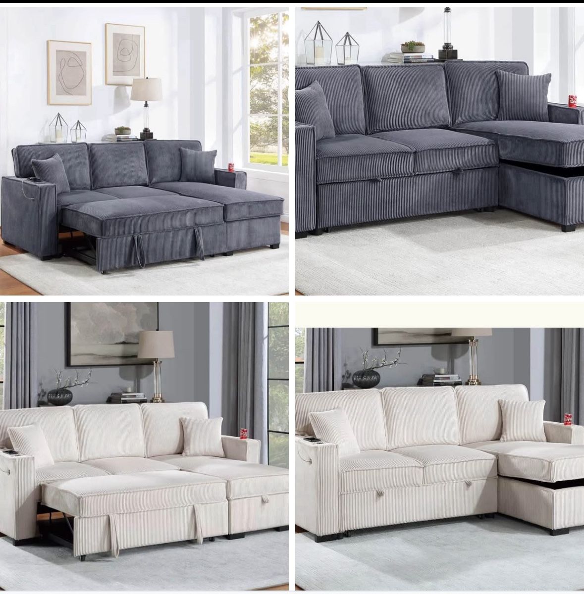 $369.     2-PCConvertible Sectional  Sleeper Sofa W/ Cupholder Sofa Storage & USB Ports  89”x 59”X36”H