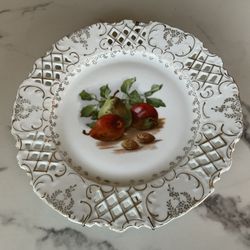 Antique Reticulated Hand Painted 12” Porcelain Plate, Gold Gilt