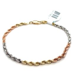 14Kt Tri Color Gold 7” Solid Rope Bracelet 5.85g 3mm 191014/3