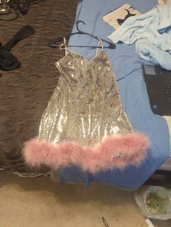 Silver Sequence Party Dress With Pink Fluff PICKUP ONLY!