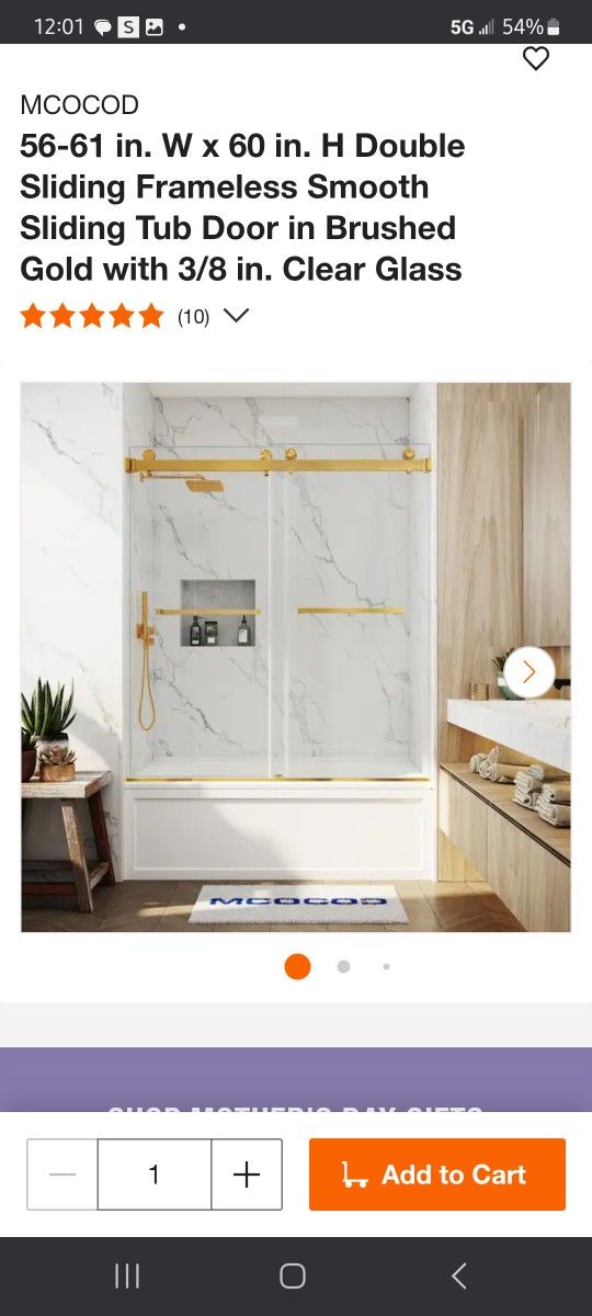 56-61 in. W x 60 in. H Double Sliding Frameless Smooth Sliding Tub Door in Brushed Gold with 3/8 in.