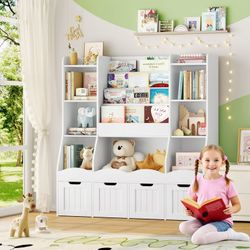 Kids Bookcase with 7 Cubes and 4-Tier Bookshelves, Toy Storage Organizer with 4 Removable Drawers on Casters, for Kids' Playroom Nursery, White