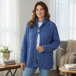 Handmade Irish Merino Wool Ocean Blue Cottage Cable Knit Oversized Sweater Small. 