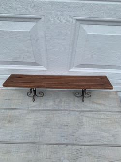 Rustic Wood Wall Shelf w/Iron Scroll Brackets Tuscan Farmhouse Decor Teak Rack